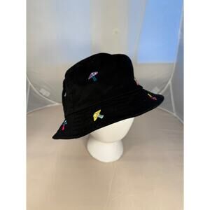 ALAB Black Bucket Hat Embroidered Mushroom Print Cotton Festival Hat